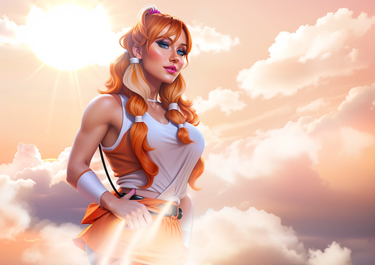 Realistic painting, sky, sun, sunlight, clouds, orange clouds, realistic picture, super realistic, orange hair, white and orange hair, of a european woman, white woman, blue eyes, sculptural body, fine details, very clean face, wavy pigtails hair, medium breasts and with large beaks, big bubum, blue eyes, bright skin, glowy skin, makeup, beige lipstick, pink blush, glam makeup. orange eyeshadow, sky, orange and white top, white hand cast, orange skirt, white microphone, waist tattoo