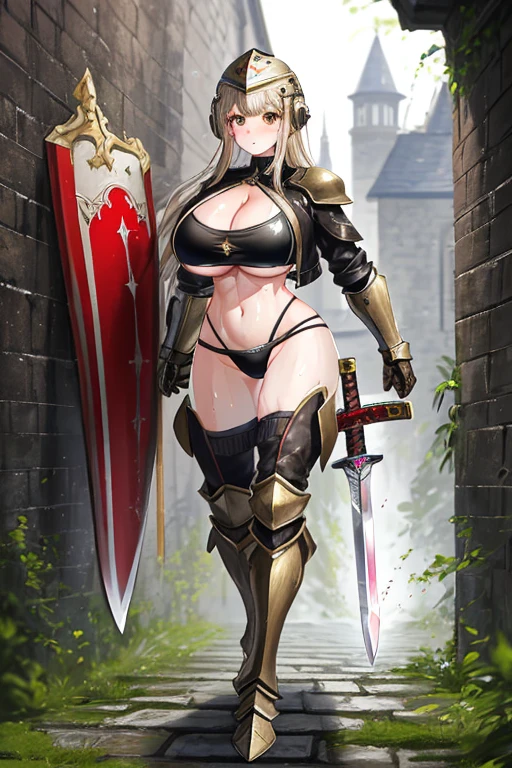masterpiece, detailed art of beautiful warrior girl,  metal ?????? armor, leather jacket,  shiny skin, wet body, big ????, ???????????? with presence, blush, sweat, full body, ????, provocative pose, high leg, high leg string, ????? ???????, clothes dressed, ?????, side ?????, cleavage, background is dark cobblestone dungeon of an old castle, background blurred, helmet, sword, big sword, shield, big shield, ( brown eyes with a clear impact)