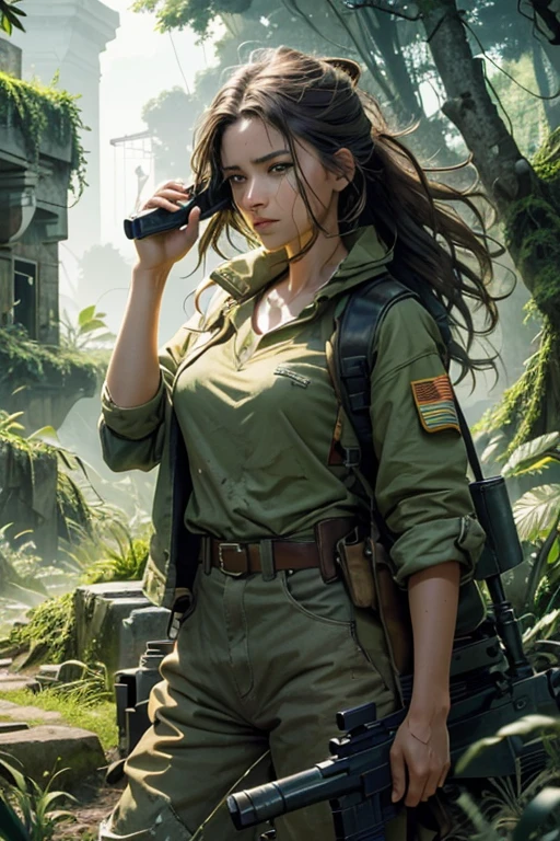 Movie poster, big chest woman, troop green pants, 1 belt, forest, just one body, front view, waterfall, night