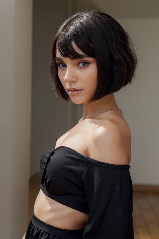 woman with bob haircut in BLACK dress