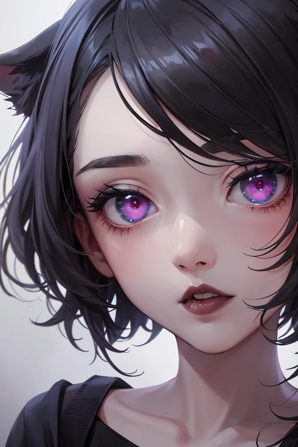 A girl with blood in her eyes, Diferentes ojos bien dibujados, ojos con pupilas diferentes, cara seria, lips with black lipstick, con un vestido de luto con encaje, piel blanca, Pelo negro corto con flequillo, (ojos con pupilas diferentes:1.3), Paisaje de terror de fondo, cementerio, Paramount Horror and Lighting from Wit--Niji studios:5--estudio de luz--ojos-detallados--t2