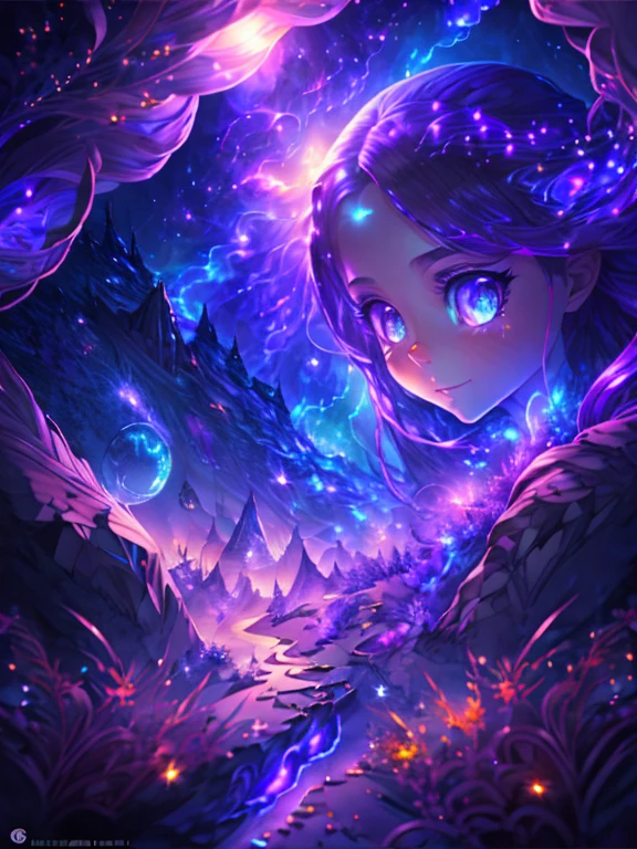 (best quality,ultra-detailed,realistic:1.37),anime,vibrant colors,blue and purple tones,expressive joyful expression in the face,dark ambient background,anime-style illustration,richly detailed characters,soft shading,high contrast,colorful environment,mysterious atmosphere,glowing blue and purple highlights,dynamic poses and gestures,energetic movement,stylish clothing,fantasy elements,wisps of magic,lush vegetation,ethereal lighting,magical sparks and particles,dramatic perspective,anime eyes with vibrant colors and sparkling highlights,long flowing hair with detailed strands and dynamic flow,playful and confident smiles,subtle blush on the cheeks,mesmerizing eyes that captivate the viewer,expressive eyebrows and lashes,impressive attention to facial features,meticulously drawn clothing and accessories,glossy and reflective surfaces,smooth and flawless skin,elaborate background with intricate details,dreamy and otherworldly atmosphere,contrasting light and shadow,pop of vibrant colors against the dark background,tension and excitement in the air,sparkling stars in the sky,illuminated by a mysterious moonlight,attention to fine textures and materials,rich depth and dimension in the artwork,impression of movement and energy,environment filled with a sense of magic and wonder,immersive and captivating art piece。