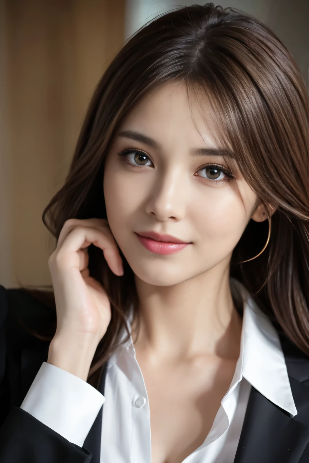 table top, highest quality, realistic, Super detailed, finely, High resolution, 8k wallpaper, 1 beautiful woman,, light brown messy hair, wearing a business suit, sharp focus, perfect dynamic composition, beautiful and detailed eyes, thin hair, Detailed realistic skin texture, smile, close-up portrait, model body shape