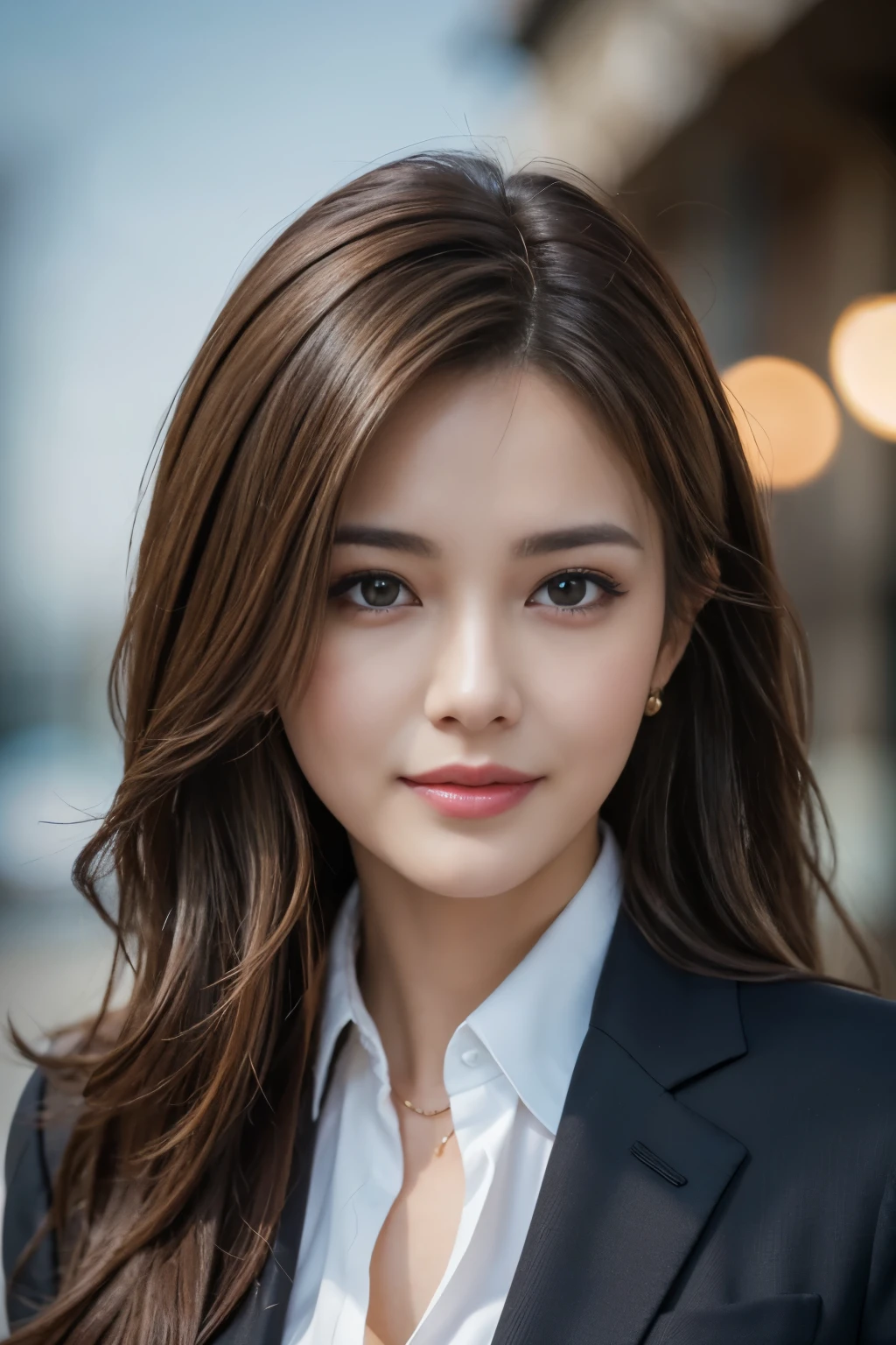 table top, highest quality, realistic, Super detailed, finely, High resolution, 8k wallpaper, 1 beautiful woman,, light brown messy hair, wearing a business suit, sharp focus, perfect dynamic composition, beautiful and detailed eyes, thin hair, Detailed realistic skin texture, smile, close-up portrait, model body shape