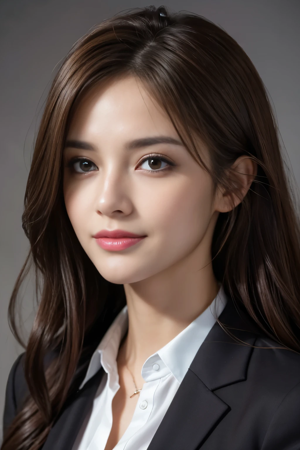table top, highest quality, realistic, Super detailed, finely, High resolution, 8k wallpaper, 1 beautiful woman,, light brown messy hair, wearing a business suit, sharp focus, perfect dynamic composition, beautiful and detailed eyes, thin hair, Detailed realistic skin texture, smile, close-up portrait, model body shape