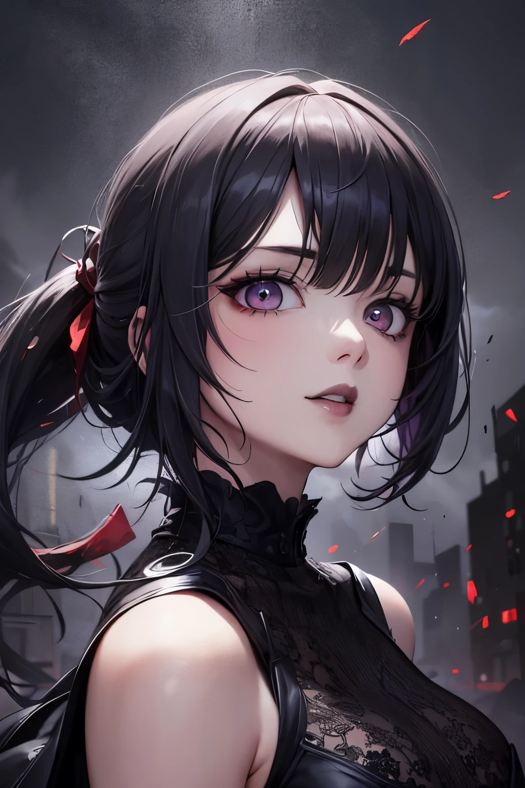 A girl with blood in her eyes, Diferentes ojos bien dibujados, ojos con pupilas diferentes, cara seria, lips with black lipstick, con un vestido de luto con encaje, piel blanca, Pelo negro corto con flequillo, (ojos con pupilas diferentes:1.3), Paisaje de terror de fondo, cementerio, Paramount Horror and Lighting from Wit--Niji studios:5--estudio de luz--ojos-detallados--t2