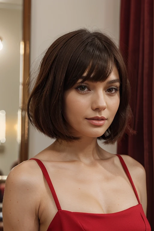 woman with bob haircut in RED dress