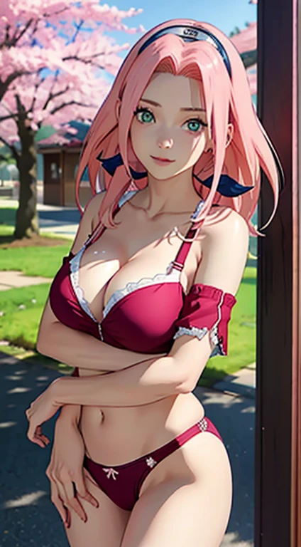 tmasterpiece， Best quality at best， 1girll， Sakura Haruno， Large breasts，Off-the-shoulder attire，（cleavage)，（upperbody closeup)，Raised sexy，is shy，ssmile，with pink hair， long whitr hair， （Green eyeballs:1.4)， Forehead protection， the cherry trees，Cherry blossoms flying，Red underwear,Zipper half,only underwear