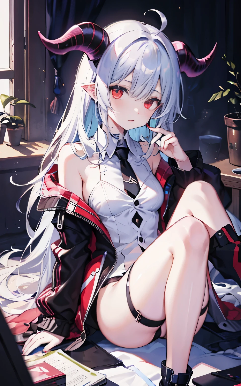 pale skin,dark风,wearing leg rings,long white hair,black eye shadow,red eyes,Abstinence,dark,goat horn,sickle,grim Reaper,sitting,camel toe