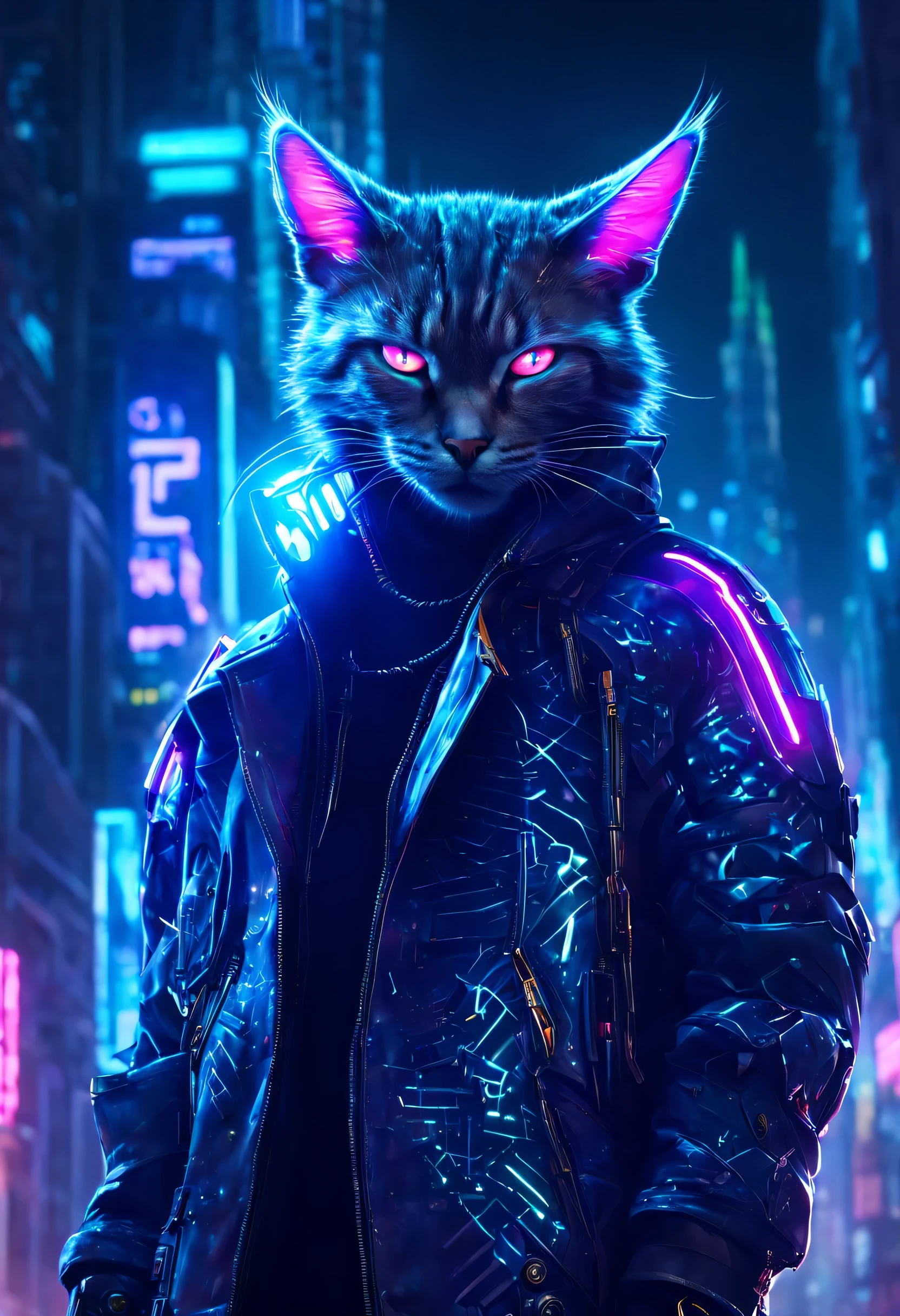  um gato humanoide no universo cyberpunk. Ele tem olhos luminosos que brilham com cores vibrantes, a metallic coat that reflects the city light at night&#39;neon signs. Its ears are pointed and equipped with small cybernetic implants..., while its tail is mechanical, ending in a multifunctional appendix. The cat wears a holographic coat that changes color and pattern as he moves through the futuristic streets, and its claws are retractable, hiding sharp blades. Your facial expression is intriguing, revealing a mix of cunning and cyber curiosity as he navigates the city&#39;Sombras S.
