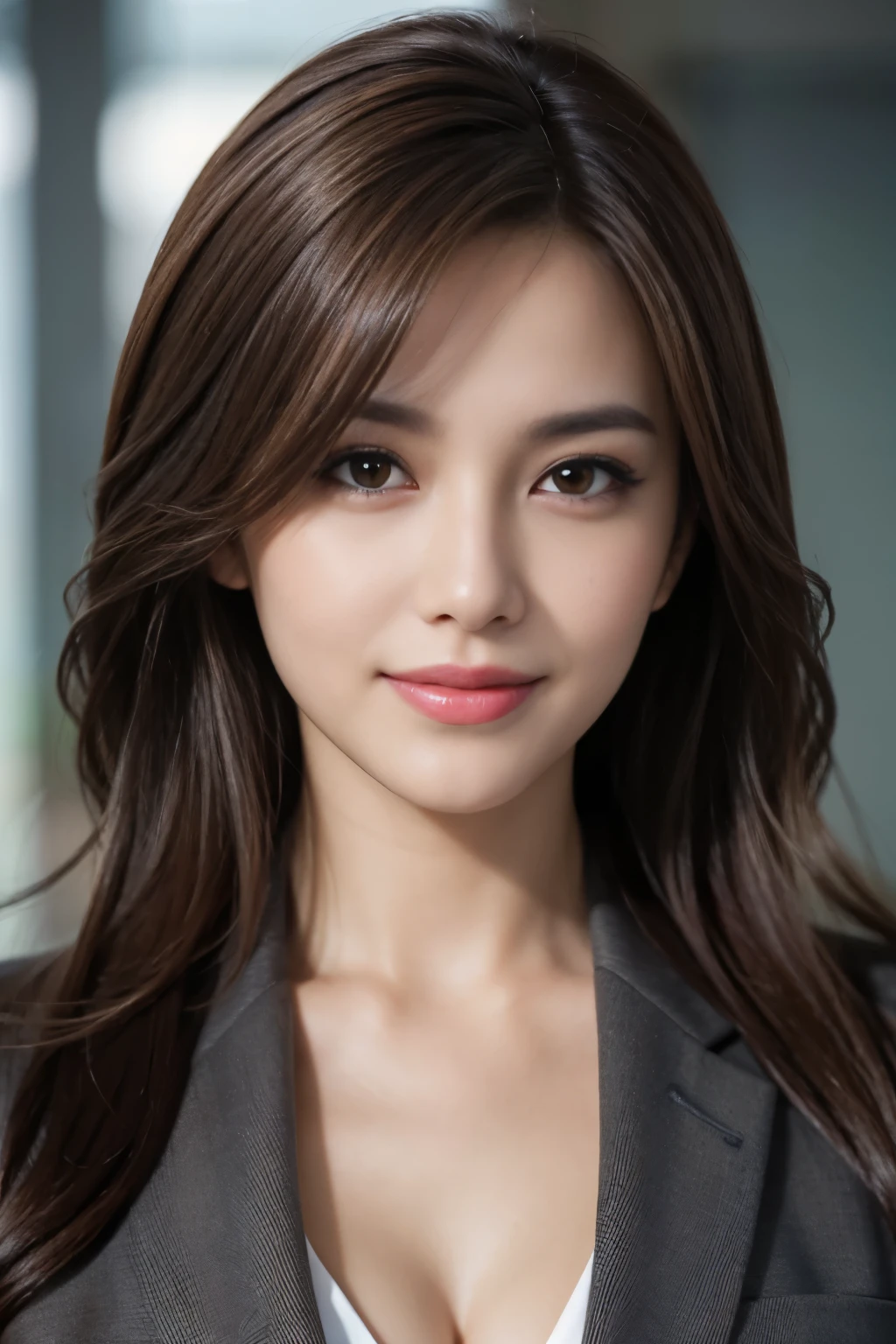 table top, highest quality, realistic, Super detailed, finely, High resolution, 8k wallpaper, 1 beautiful woman,, light brown messy hair, wearing a business suit, sharp focus, perfect dynamic composition, beautiful and detailed eyes, thin hair, Detailed realistic skin texture, smile, close-up portrait, model body shape