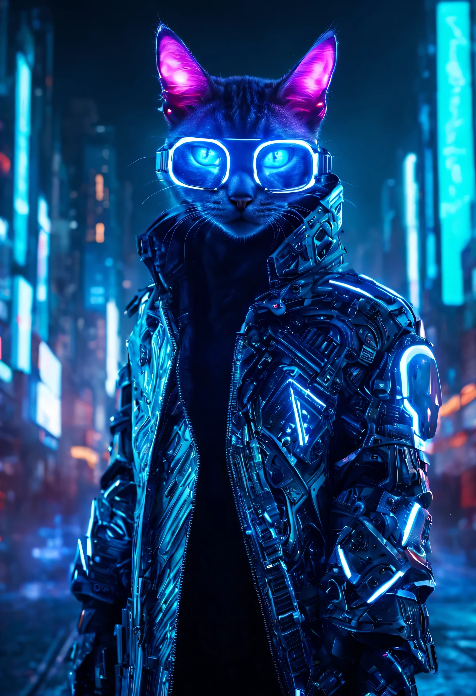  um gato humanoide no universo cyberpunk. Ele tem olhos luminosos que brilham com cores vibrantes, a metallic coat that reflects the city light at night&#39;neon signs. Its ears are pointed and equipped with small cybernetic implants..., while its tail is mechanical, ending in a multifunctional appendix. The cat wears a holographic coat that changes color and pattern as he moves through the futuristic streets, and its claws are retractable, hiding sharp blades. Your facial expression is intriguing, revealing a mix of cunning and cyber curiosity as he navigates the city&#39;Sombras S.
