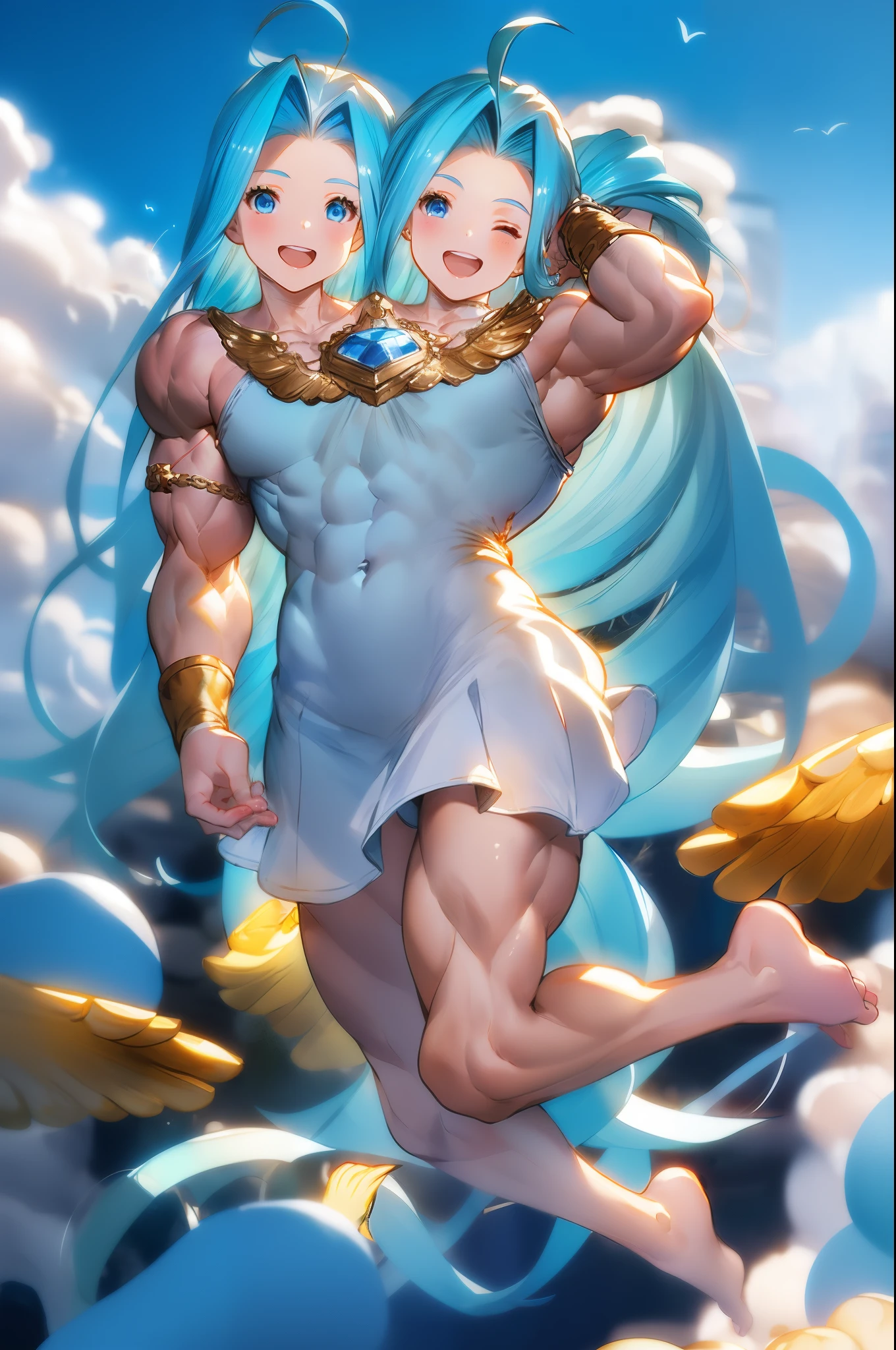 (2heads:1.6), masterpiece, highly detailed,  1girl, solo, full body, lyria_\(granblue_fantasy\), granblue fantasy, aqua hair, shiny hair, very long hair, blue eyes, ahoge, white cami-dress, blue pendant, short skirt, white skirt, bare foot, wedding guntlets, flying, field of deapth, looking at viewer, smile, happy, cloudy sky, blue sky,  bird, spread fingers, (muscular:1.4)