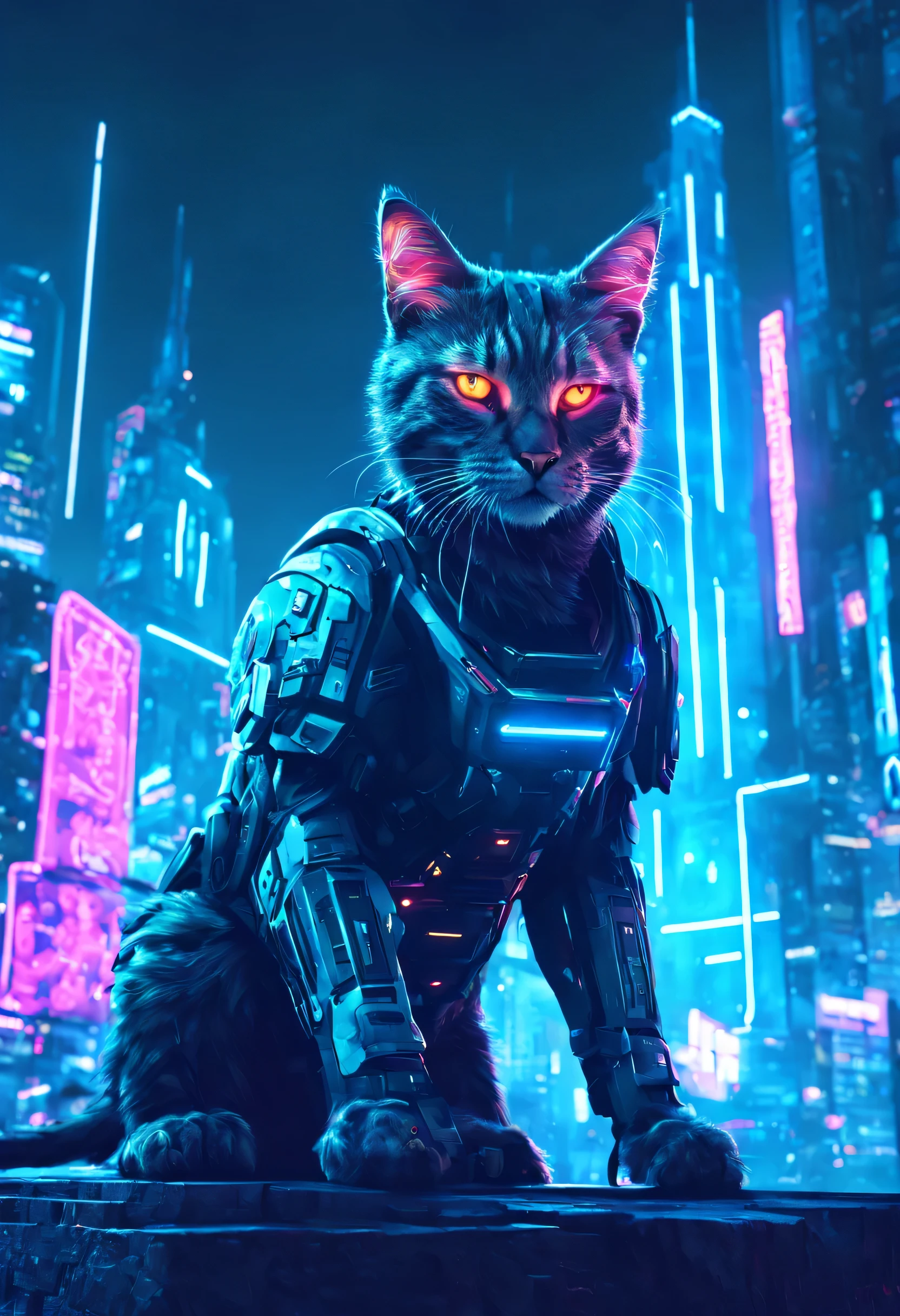 cyber cat in a futuristic city with neon lights, Master Chief em Cyberpunk City, beeple style hybrid mix, estilo de arte cyberpunk, estilo cyberpunk hiper-realista, advanced digital cyberpunk art, astronaut cyberpunk electric, not beeple style, Homem de Ferro Cyberpunk, em uma Cidade Cyberpunk Futurista, Greg Beeple, arte com tema cyberpunk, tem estilo cyberpunk, Cyberpunk scifi