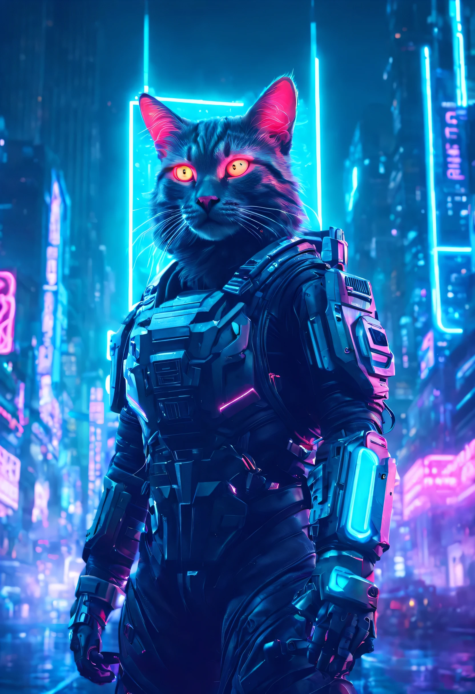 cyber cat in a futuristic city with neon lights, Master Chief em Cyberpunk City, beeple style hybrid mix, estilo de arte cyberpunk, estilo cyberpunk hiper-realista, advanced digital cyberpunk art, astronaut cyberpunk electric, not beeple style, Homem de Ferro Cyberpunk, em uma Cidade Cyberpunk Futurista, Greg Beeple, arte com tema cyberpunk, tem estilo cyberpunk, Cyberpunk scifi