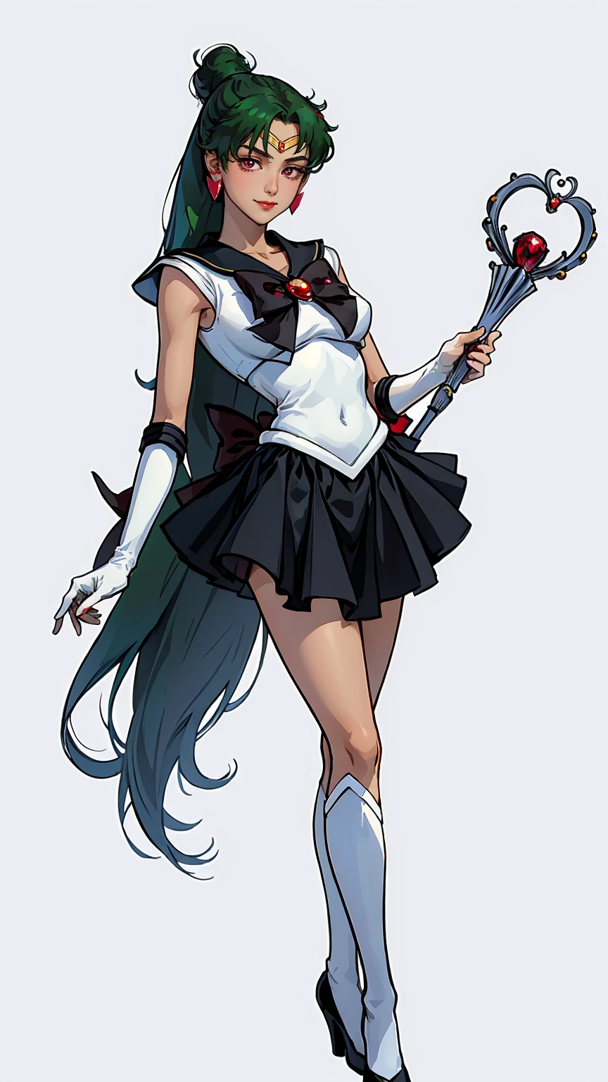 Masterpiece, Best Quality, High Resolution, 1girl, Solo, Ponytail, Green Hair, (Elbow Gloves), Headdress, dark red Bow, Tight Top, (Black Sailor Collar), White Gloves, Earrings, Smile,  white Background, Black Skirt, (Sailor Pluto Uniform), (Sailor Pluto Uniform), on his knees, holding his Garnet Orb staff in his hands, looking at the camera, dynamic poses. Leng Jun, White Top, Elbow Gloves, black boot, walking on the floor