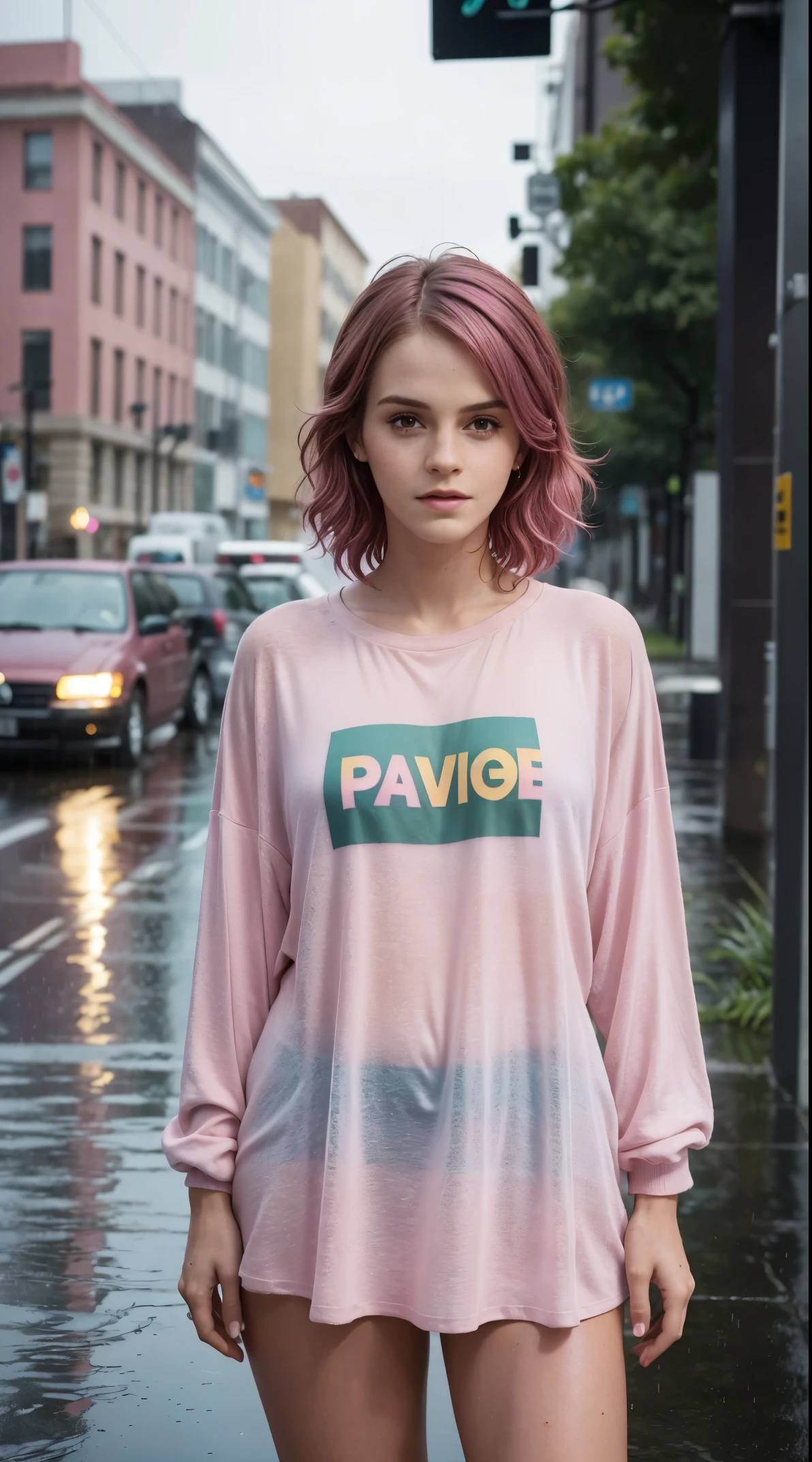 50 years old, gorgeous cute Brazilian girl, smirk, freckles, polaroid photo, (dark skin:1.4), (medium pink hair:1.4), (full body shot) 22 year old woman,(getting rained on),(standing in the rain),long golden brown hair,green eyes,((wearing an oversized shirt, socks with high--tops)),(best quality, masterpiece:1.2),(photo-realistic),cute,cityscape,night,lots of rain,wet, (Emma Watson), Earrings, winner of most beautiful model, famous beautiful model, good young girl, (masterpiece:1.0),(best_quality:1.0), ultra high res,4K,ultra-detailed, photography, 8K, HDR, highres, absurdres:1.2, Kodak portra 400, blurry background, bokeh, lens flare, (skin texture:1.2), (vibrant_color:1.2),professional photograph, (the_tattoo:1.4), (beautiful_face:1.5),(narrow_waist). --v 6