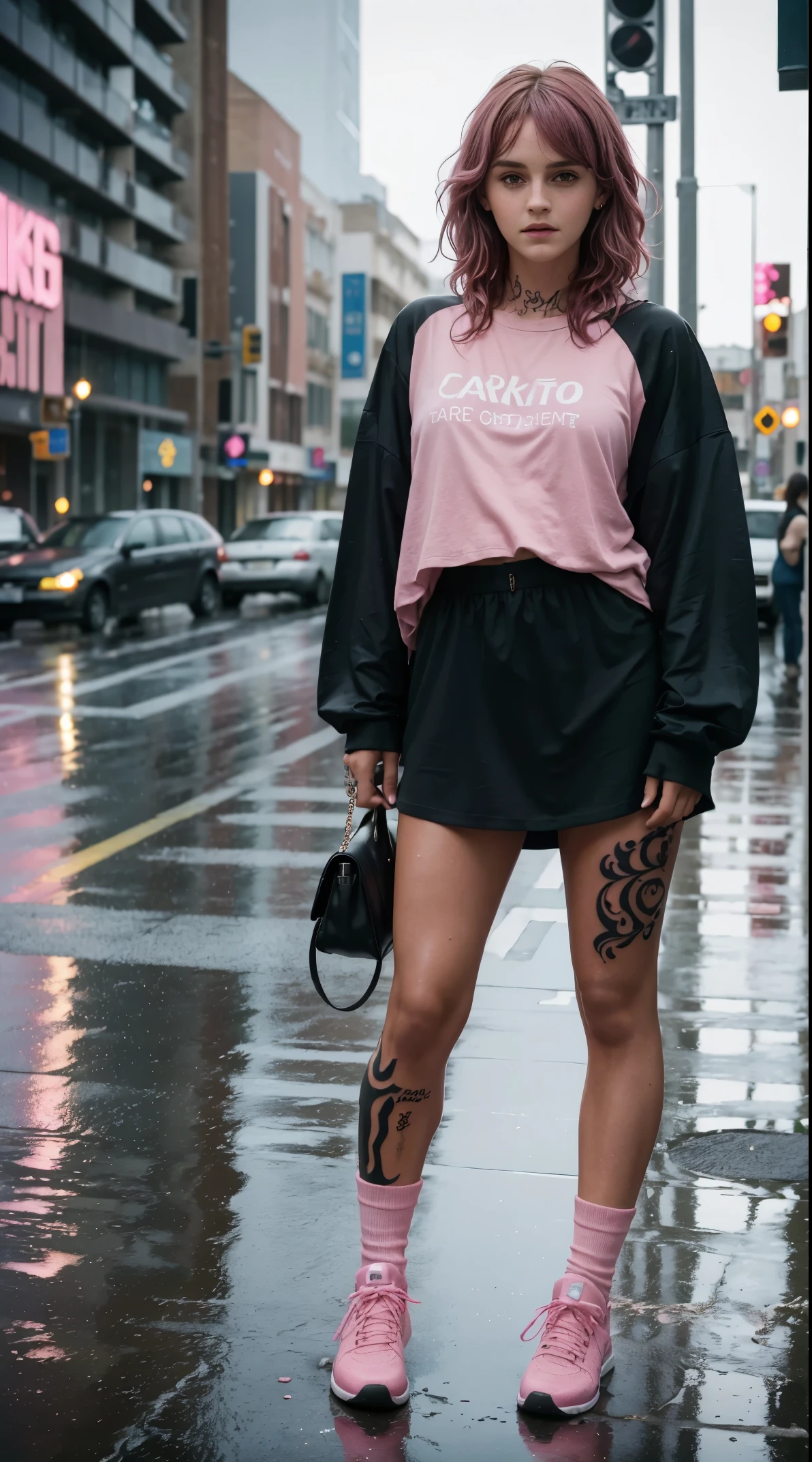 50 years old, gorgeous cute  Brazilian girl, smirk, freckles, polaroid photo, (dark skin:1.4), (medium pink hair:1.4), (full body shot) 22 year old woman,(getting rained on),(standing in the rain),long golden brown hair,green eyes,((wearing an oversized shirt, socks with high--tops)),(best quality, masterpiece:1.2),(photo-realistic),cute,cityscape,night,lots of rain,wet, (Emma Watson), Earrings, winner of most beautiful model, famous beautiful model, good young girl, (masterpiece:1.0),(best_quality:1.0), ultra high res,4K,ultra-detailed, photography, 8K, HDR, highres, absurdres:1.2, Kodak portra 400, blurry background, bokeh, lens flare, (skin texture:1.2), (vibrant_color:1.2),professional photograph, (the_tattoo:1.4), (beautiful_face:1.5),(narrow_waist). --v 6