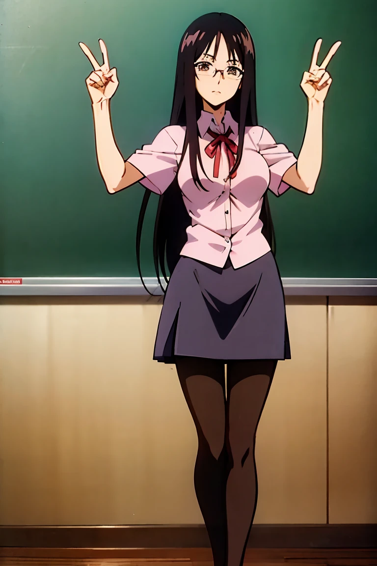 Anime style, 1 female, about 40 years old, long black hair, brown eyes, glasses, teacher uniform, black pantyhose, black heels, standing in classroom, whole body