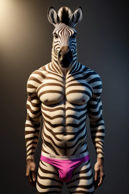 solo,furry,anthro,Zebra,male,e621,standing,hands behind back,wearing underwear,simple background,front view,(best quality,4k,8k,highres,masterpiece:1.2),ultra-detailed,(realistic,photorealistic,photo-realistic:1.37),vivid colors,portraits,soft lighting