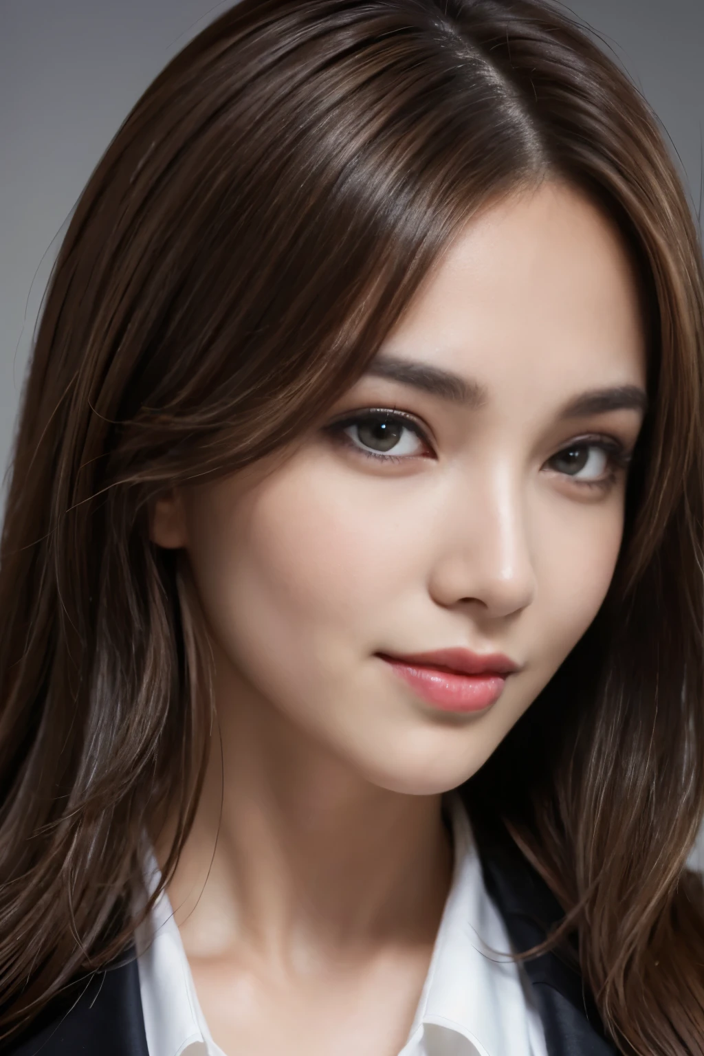 table top, highest quality, realistic, Super detailed, finely, High resolution, 8k wallpaper, 1 beautiful woman,, light brown messy hair, wearing a business suit, sharp focus, perfect dynamic composition, beautiful and detailed eyes, thin hair, Detailed realistic skin texture, smile, close-up portrait, model body shape