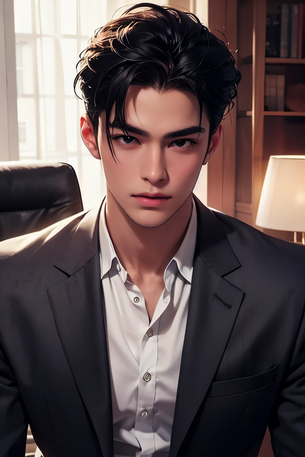 masterpiece,best quality,Ultra-detailed,1boy,individual,black hair,Modern furniture,Suit,black eyes,Handsome,Detailed face,sit,