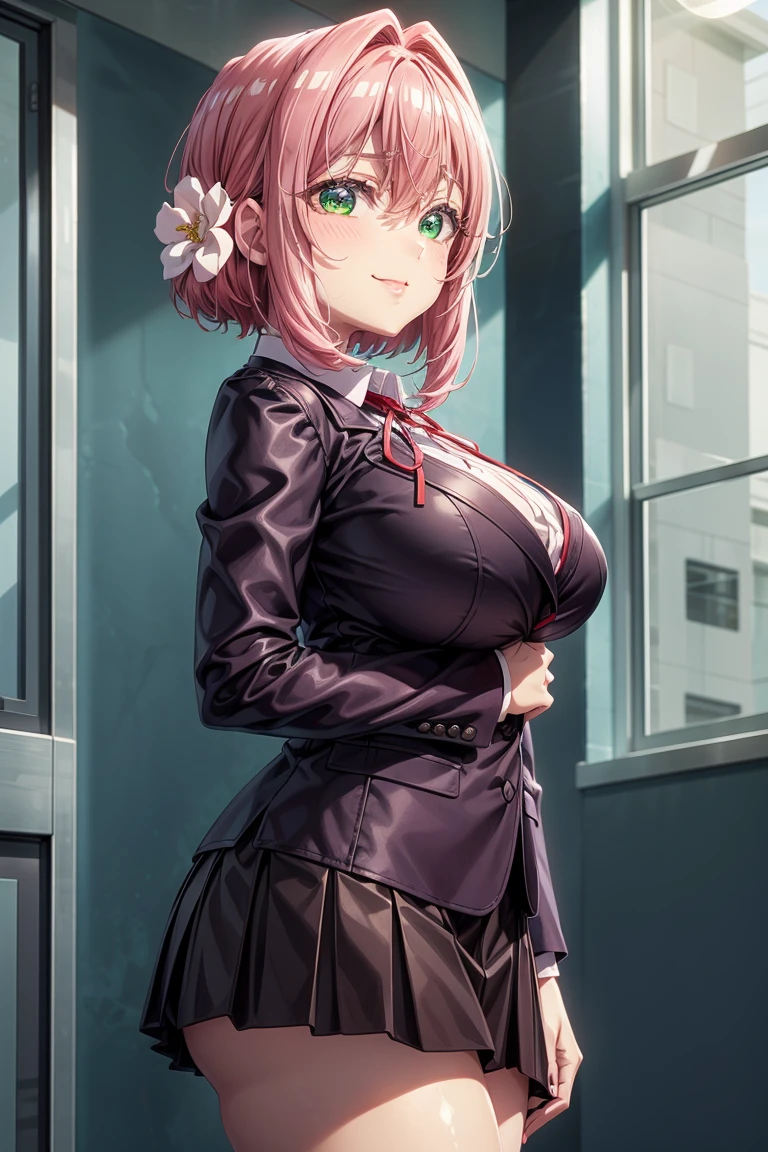 best quality, masterpiece, Extremely detailed CG, Extremely detailed 8K wallpapers, Standing HDR ,White, Place arms under breasts, 1 girl,alone,hair flower, pink hair, hair accessories ,Bangs ,hair between eyes, green eyes, bright瞳孔, hair intake, short hair, side lock, White的花, Uniforms, collared shirt, red ribbon, neck strap, white shirt, purple jacket, huge breasts, shirt ,long sleeves, pleated skirt, mini skirt, Purple skirt ,Thick thighs,, Beautiful visuals, HD, masterpiece, best quality,, 18 years old,young women ,beautiful fingers, beautiful long legs, beautiful body, beautiful nose, Beautiful character design, perfect eyes, perfect Face, expressive eyes, looking at the audience, Friendly and loving smile, official art, Extremely detailed CG unity 8k wallpaper, perfect lighting, rich and colorful, bright_front_Face_light, shiny skin, anime style, Face红, hands on side，cheongsam，Nurse，，