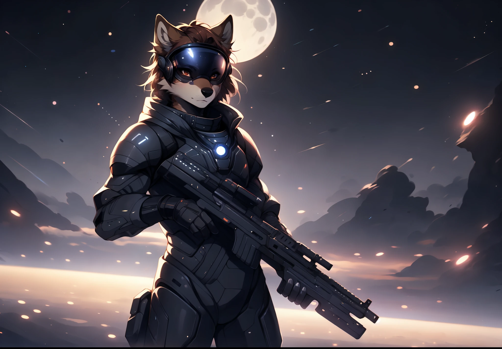 Jaiden, brown wolf, brown wolf ears, brown eyes, cute snout, black nose, wearing black astronaut outfit, futuristic visor on eyes, high collar, black futuristic suit, mass effect 3 armor, black space armor, by fumiko, by hyattlen, by hioshiru,  standing, on a dark creepy alien planet, night time, giant moons in the background, holding a black future gun, looking determined, high resolution