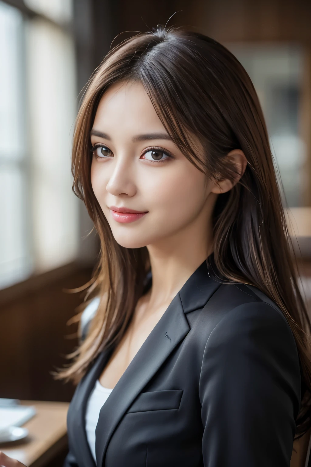 table top, highest quality, realistic, Super detailed, finely, High resolution, 8k wallpaper, 1 beautiful woman,, light brown messy hair, wearing a business suit, sharp focus, perfect dynamic composition, beautiful and detailed eyes, thin hair, Detailed realistic skin texture, smile, close-up portrait, model body shape