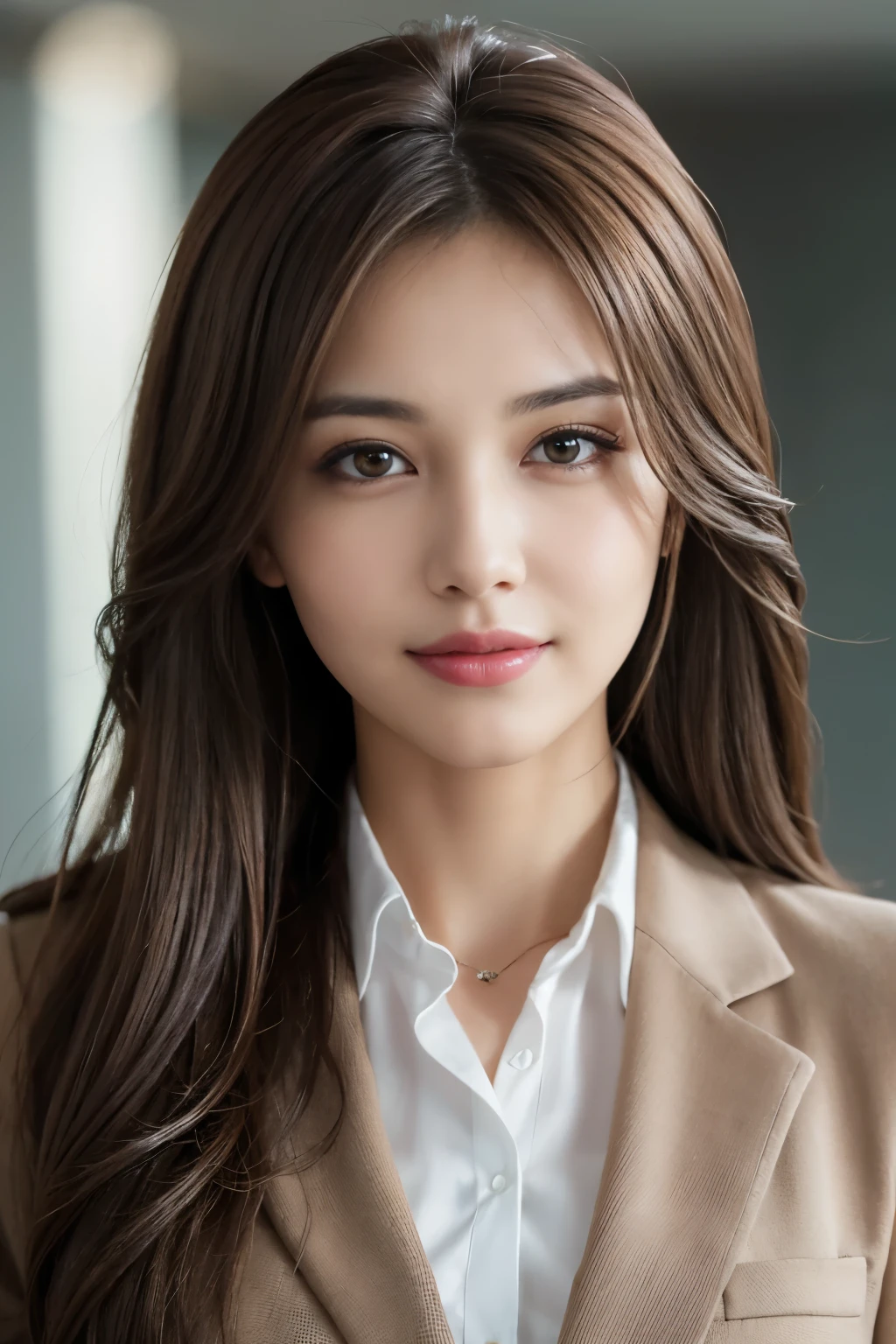 table top, highest quality, realistic, Super detailed, finely, High resolution, 8k wallpaper, 1 beautiful woman,, light brown messy hair, wearing a business suit, sharp focus, perfect dynamic composition, beautiful and detailed eyes, thin hair, Detailed realistic skin texture, smile, close-up portrait, model body shape