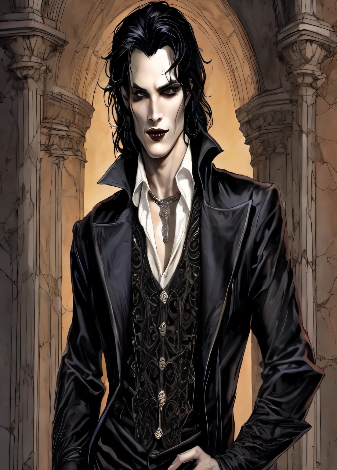 Detailed realistic picture of a handsome male vampire, pale skin, disheveled jet-black hair, piercing eyes with kohl liner, New Wave and early Grunge fashion, chiseled features with a disarming smile, air of mystery, timeless look of the 1980s. Standing up at a vampire wedding.