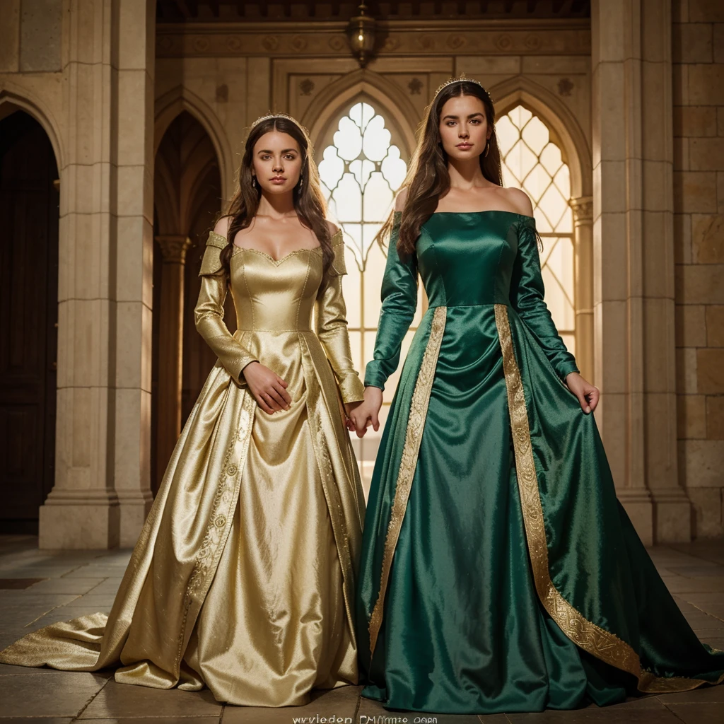 [[[Fisrt Green medieval royal dress and Second gold medieval royal dress]]], royal prom, just the dresses, professional photography, medieval background, highly detailed, 4k quality, Green medieval royal dress and gold medieval royal dress, royal prom, just the dresses, professional photography, medieval background, highly detailed, 4k quality, Green medieval royal dress and gold medieval royal dress, royal prom, just the dresses, professional photography, medieval background, highly detailed, 4k quality, (((only 2 persons))), ((only dresses)), (((cover image))), (((only 2 persons))), ((only dresses)), (((cover image))), (((only 2 persons))), ((only dresses)), (((cover image)))