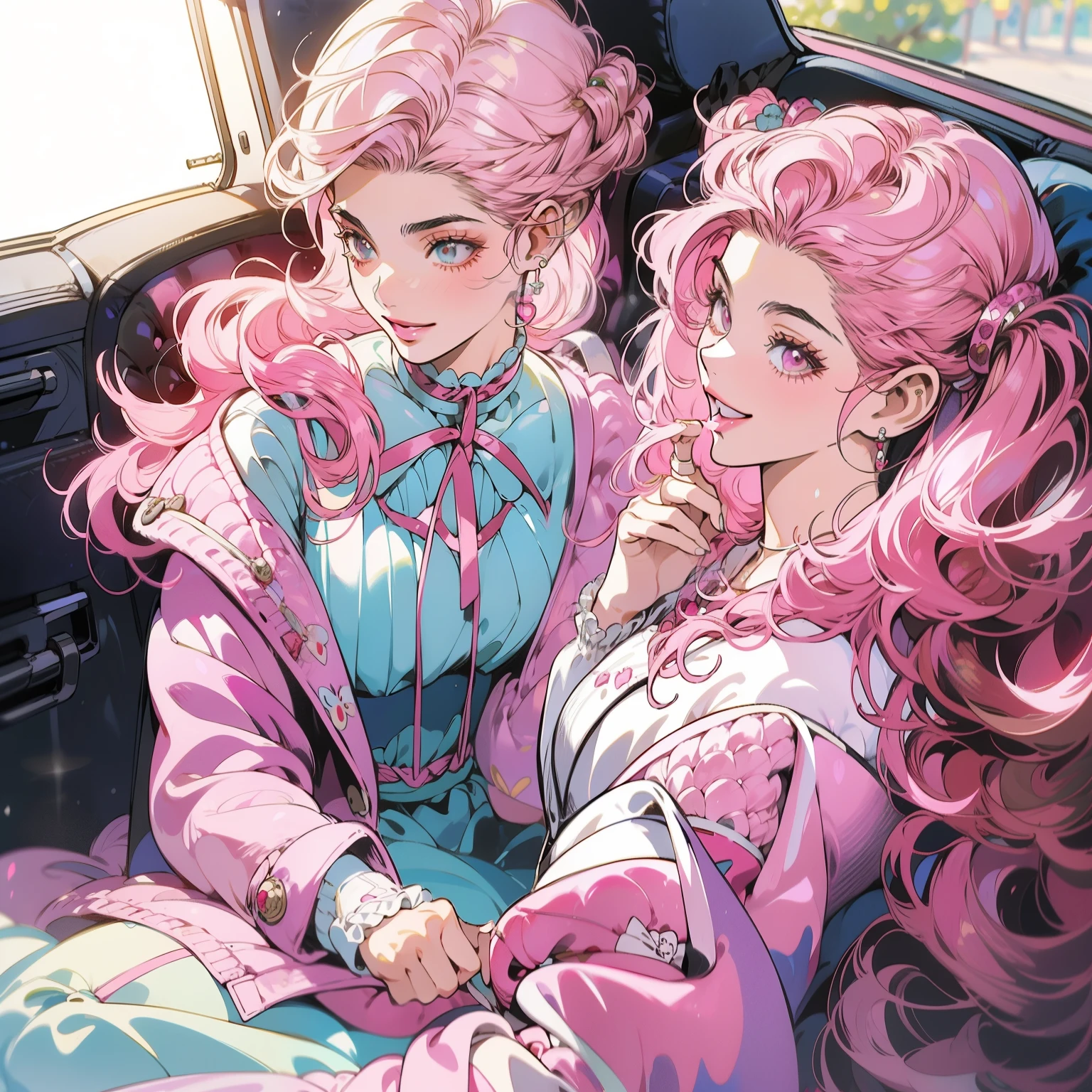 (Barbie rubias:1.2),(Trajes rosas:1.1),(Vintage 90's:1.1),(Romantic anime style:1.3), sentado en el coche rosa, pink cardigan, de fumar, pelo largo, sin flequillo