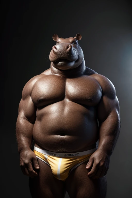 solo,furry,anthro,Hippo,male,e621,standing,hands behind back,wearing underwear,simple background,front view,(best quality,4k,8k,highres,masterpiece:1.2),ultra-detailed,(realistic,photorealistic,photo-realistic:1.37),vivid colors,portraits,soft lighting