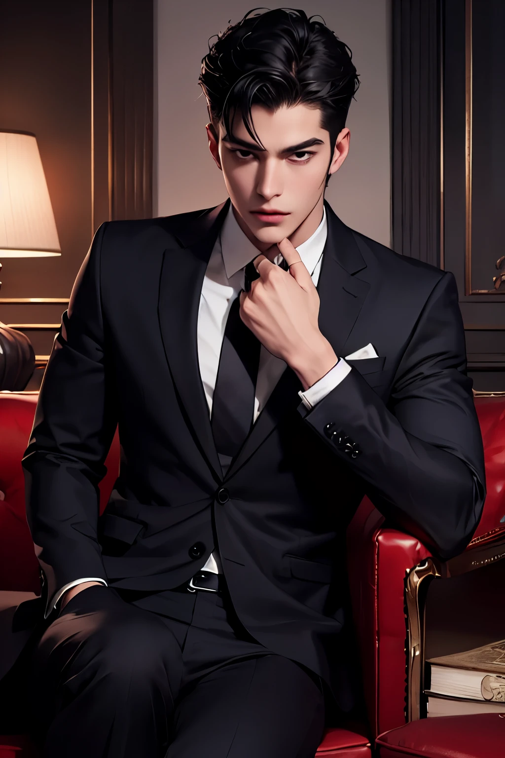 masterpiece,best quality,Ultra-detailed,1boy,individual,black hair,Modern furniture,Suit,black eyes,Handsome,Detailed face,sit,