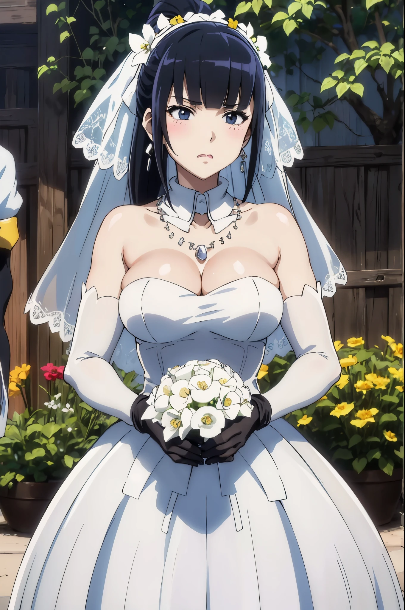 (((Perfect picture))), (ridiculous), 1 girl, alone, Naboral Gamma,black hair， ponytail，Gurwitz，pillory，Head flail，hand flail，flail，(bridal veil:1.5），（short sheer veil：1.5），Blushing face，Head flower，headgear，（tube top wedding dress：1.5），（Silk dress：1.2）,（Strapless wedding dress：1.5）,Bouquet,pure white dress，necklace，earrings，(large breasts:1.3)，Deep V peach heart collar wedding dress，Bangs，lipstick，（lace gloves：1.3）,Bust photo,High detail RAW color art,Tyndall phenomenon