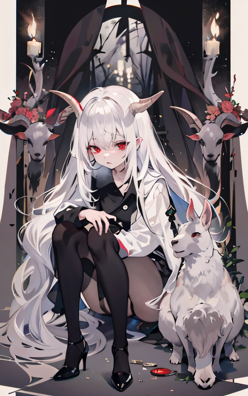pale skin,dark风,wearing leg rings,long white hair,black eye shadow,red eyes,Abstinence,dark,goat horn,sickle,grim Reaper,sitting,camel toe,High heel