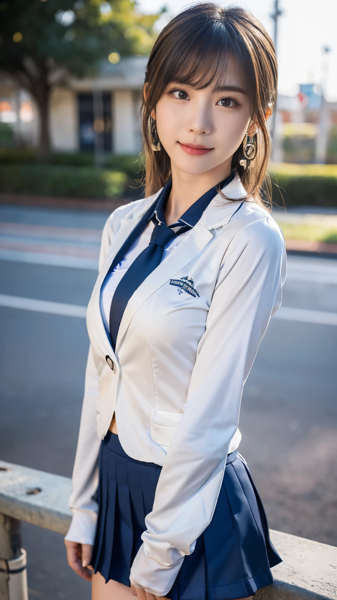 mix 4, (16K, Raw photo, best image quality, masterpiece: 1.45), (realistic, Photoreal: 1.37), one girl, cute, cityscape,, professional lighting, photon mapping, school classroom, Physically based rendering, dark brown hair,ponytail hairstyle, Beautiful well-groomed eyes、((double eyelid))、super cute girl, (((school uniform、blazer、Long-sleeved shirts worn by Japanese high school girls、ribbon tie、Navy blue super super super mini skirt,、dark blue socks、black loafers))), highest quality photos, High resolution, 1080P, (clear face), (Detailed facial description), (detailed description of hands), (masterpiece), (Detailed CG)、extreme light and shadow、messy hair、master work、Rich details、(detailed facial features)、(highest quality photos)、(Masseter muscle part)、(detailed eye)、look in front of you、thin clavicle、((slender and big))、(((Japanese high school girls wear long-sleeved shirts)))、((neat idol))、((school gate、schoolyard、School building in the background))、(Take photos from random viewpoints)、(((Anyway it&#39;s cute)))、earrings、big smile、Draw the whole body from the knees、Do not draw fine lines、(((Sports bags used by Japan schoolgirls)))、(small breasts:1.2)、small buttocks with tension、Two arms and two legs、(((from the front:0.7)))、bare hands、(((symmetrical eyes)))、standing pose、put your hands on the desk、Do not remove the tie from the jacket､