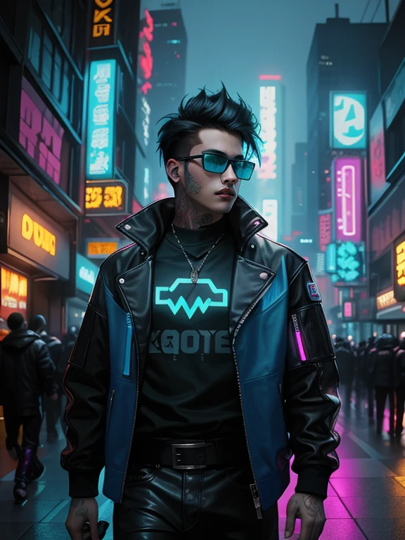 A handsome cyberpunk boy with vibrant neon lights, glowing tattoos, and augmented reality glasses. He has a confident and mysterious expression on his face. The boy is wearing a leather jacket with glowing LED strips, and his hair is styled in a futuristic way. The cyberpunk city landscape behind him is filled with towering holographic advertisements, flying vehicles, and bustling crowds. The atmosphere is filled with smog and the air is heavy with the smell of technology. The colors in the image are predominantly cool tones such as blue and purple, with hints of vibrant neon colors. The lighting is dramatic, with harsh and directional light sources casting long shadows, giving the scene a noir-like feel. The image is of the best quality, with ultra-detailed textures and realistic rendering. It captures the essence of the cyberpunk genre, mixing futuristic elements with urban grittiness. The artwork is done in a digital medium, with a mix of digital painting and photorealistic elements.