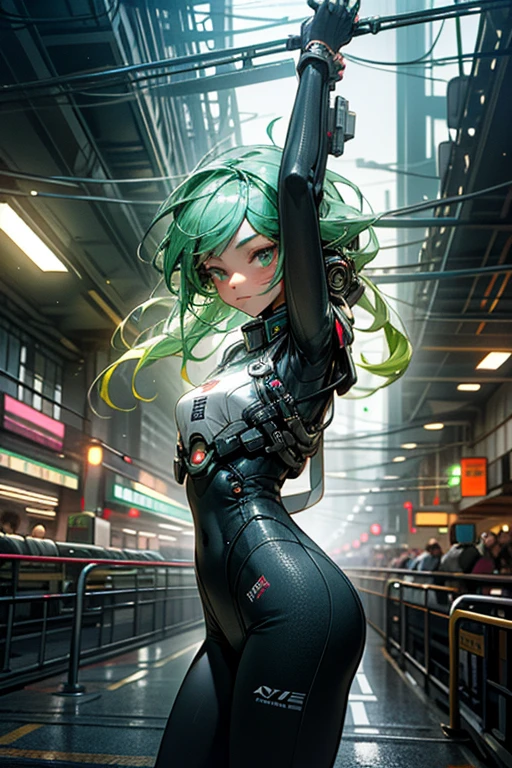 "In the heart of the bustling Chinapunk metropolis, a mesmerizing figure comes to life in this snapshot realism masterpiece. The beautiful woman, clad in futuristic attire and exuding an air of confidence, holds a shimmering sword aloft. Bathed in the soft light of the Fujifilm Eterna Vivid 500t, the scene radiates a captivating light green and white color palette, adding to the cyberpunk realism aesthetic. Poolcore influences are subtly present, with reflections of neon lights dancing off glossy surfaces, creating a stunning and immersive visual experience."