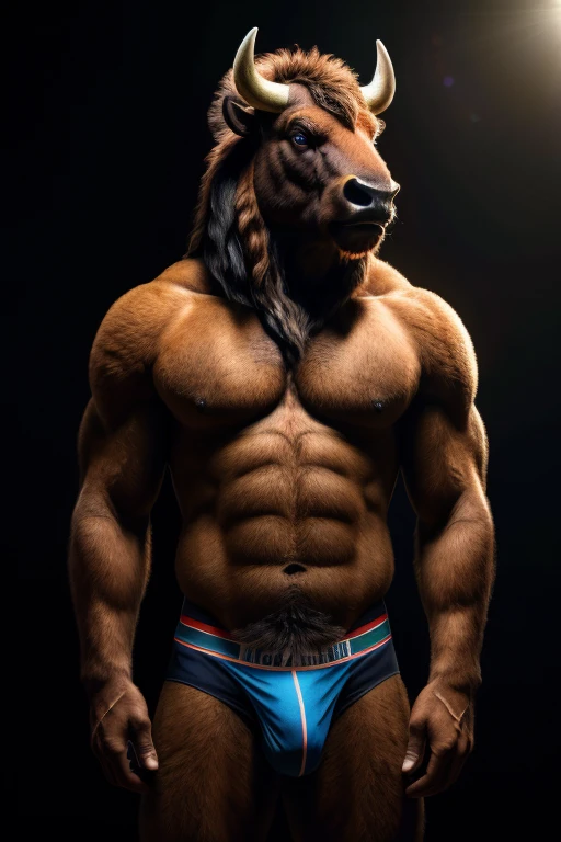 solo,furry,anthro,Bison,male,e621,standing,hands behind back,wearing underwear,simple background,front view,(best quality,4k,8k,highres,masterpiece:1.2),ultra-detailed,(realistic,photorealistic,photo-realistic:1.37),vivid colors,portraits,soft lighting
