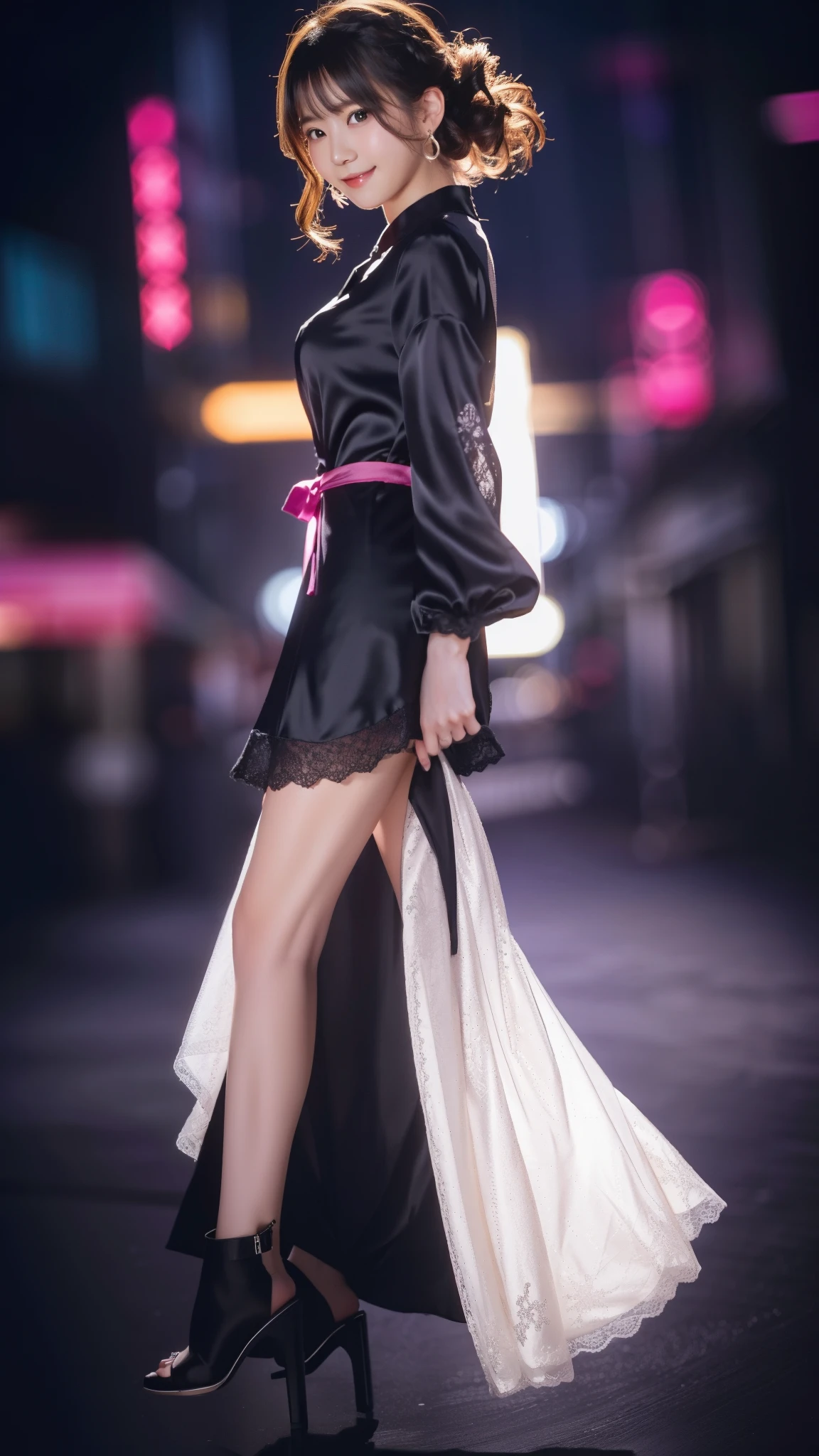 Photo taken by a professional photographer,8K, table top, RAW photo, highest quality, realistic, Highly detailed CG Unity 8K wallpaper, Depth of bounds written, cinematic light, Lens flare, ray tracing, (very beautiful face, beautiful lips, beautiful eyes), face with intricate details, ((super dense skin)) 1 girl, in the dark, deep shadow, cute korean girl, Flashy makeup with red eyeshadow,her shortcut, Delicate light brown hair is slightly disheveled with side waves.,wearing large ring earrings,K-POP idol, 1 girl, (very slim and slender fit muscular body:1.3), ((looking at the viewer)),(big smile:1.3), (magenta and black blouse), (sleeve fashion city night, dark night, (neon sign), (blurred background), fashion street night),(no people in the background:1.3), beautiful earrings, bracelet, necklace, pantyhose, clear eyes, walk, (white skin), (big eye ace forward, ((upper body shot)), ((silk color dresses:1.3)),(brown hair),((tight fit lace dress)), (See through), (looking at the viewer:1.3) open chest, very slim, medium breasts, backtracking,((buckshot)), See through, Medium Butt, mini skirt, updo hair, ((spread the thighs))