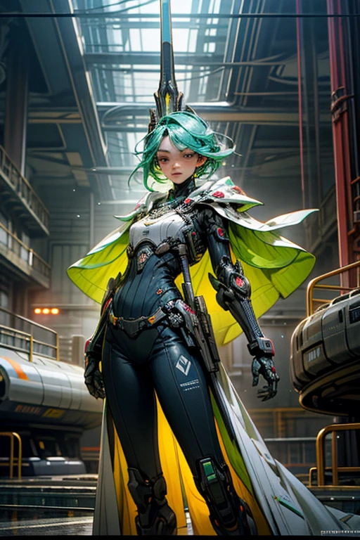 "A breathtakingly beautiful female figure, clad in futuristic attire and wielding a gleaming sword, dominates this snapshot-realistic movie still. The captivating scene exudes a chromatic cyberpunk allure, with hues of light green and white predominating. The Fujifilm Eterna Vivid 500t palette subtly enhances the radiant colors, bringing out the intricate details of the cyberpunk-inspired outfit and poolcore elements."