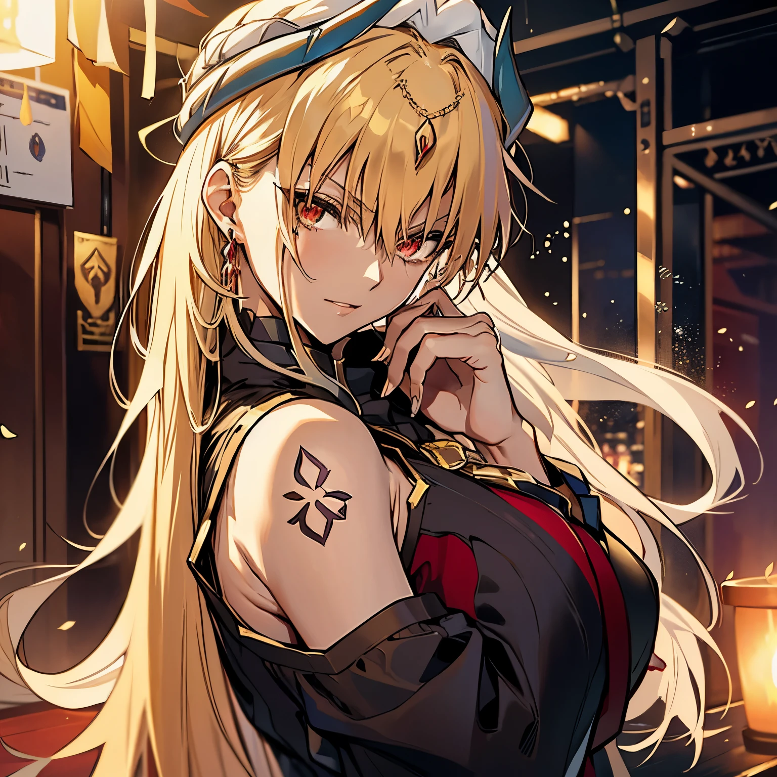 8k, mouthpiece, ((one beautiful woman)),((fate stay night drawing)), Gilgamesh female version solo, empress, ((one beautiful woman)), ((red eyes)), long hair, golden hair,