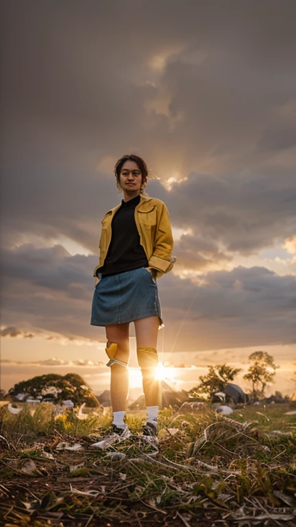 Artist, 4k, yellow grass, denim jacket, beautiful sky, trees , same angle