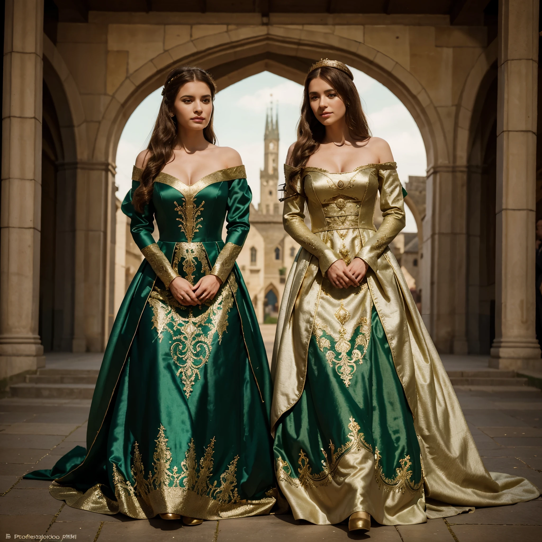 [[[Fisrt Green medieval royal dress and Second gold medieval royal dress]]], royal prom, just the dresses, professional photography, medieval background, highly detailed, 4k quality, Green medieval royal dress and gold medieval royal dress, royal prom, just the dresses, professional photography, medieval background, highly detailed, 4k quality, Green medieval royal dress and gold medieval royal dress, royal prom, just the dresses, professional photography, medieval background, highly detailed, 4k quality, (((only 2 persons))), ((only dresses)), (((cover image))), (((only 2 persons))), ((only dresses)), (((cover image))), (((only 2 persons))), ((only dresses)), (((cover image)))