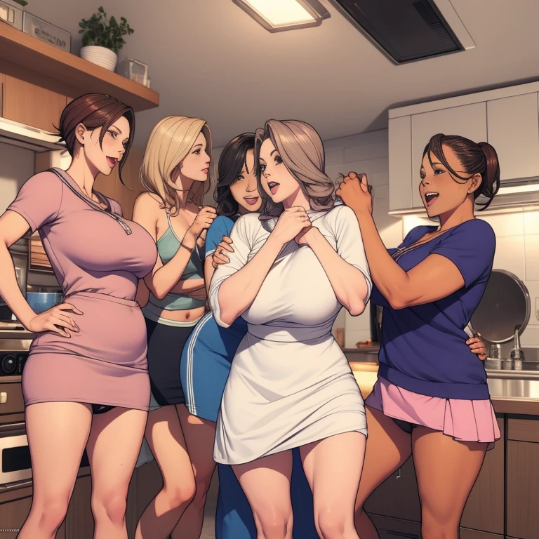 multiple thick body mature women wearing hoodie and short skirt talking and laughing in a kitchen party, daytime, lift skirt show panties from backside, ((show only mature women))