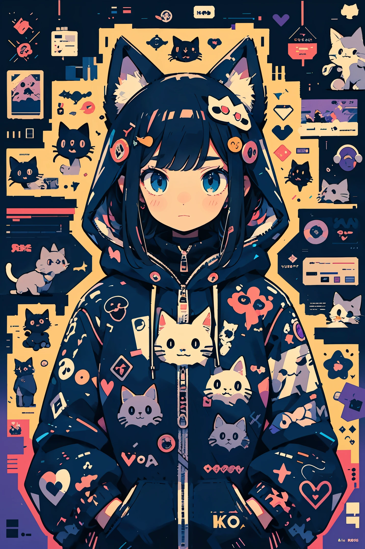 anime girl with black hair and a cat hat, anime style illustration, moe artstyle, wallpaper 8 k, digital illustration, beautiful catgirl, she wears a hoodie with animal ears and technowear technology, futuristic fashion in black and holographic colors, many details and buttons on it, cables coming out of the sleeves, the background is that of a simple pattern with cat motifs and paws, purple and black, black cat eyes, holographic, holo details