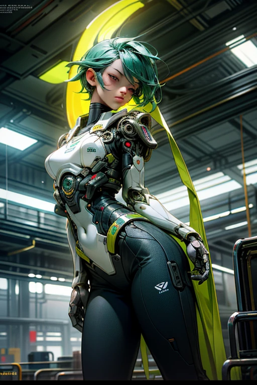 "Behold the enchanting beauty in futuristic attire, radiating an aura of mystique and strength. This movie still snapshot, rendered in stunning realism, displays a captivating scene of a woman clad in advanced cybergarments. The vibrant color palette is dominated by soothing hues of light green and white, reminiscent of the Fujifilm Eterna Vivid 500t film. The cyberpunk realism of this image is further accentuated by the intricate details and the poolcore aesthetics, creating an alluring and otherworldly atmosphere."