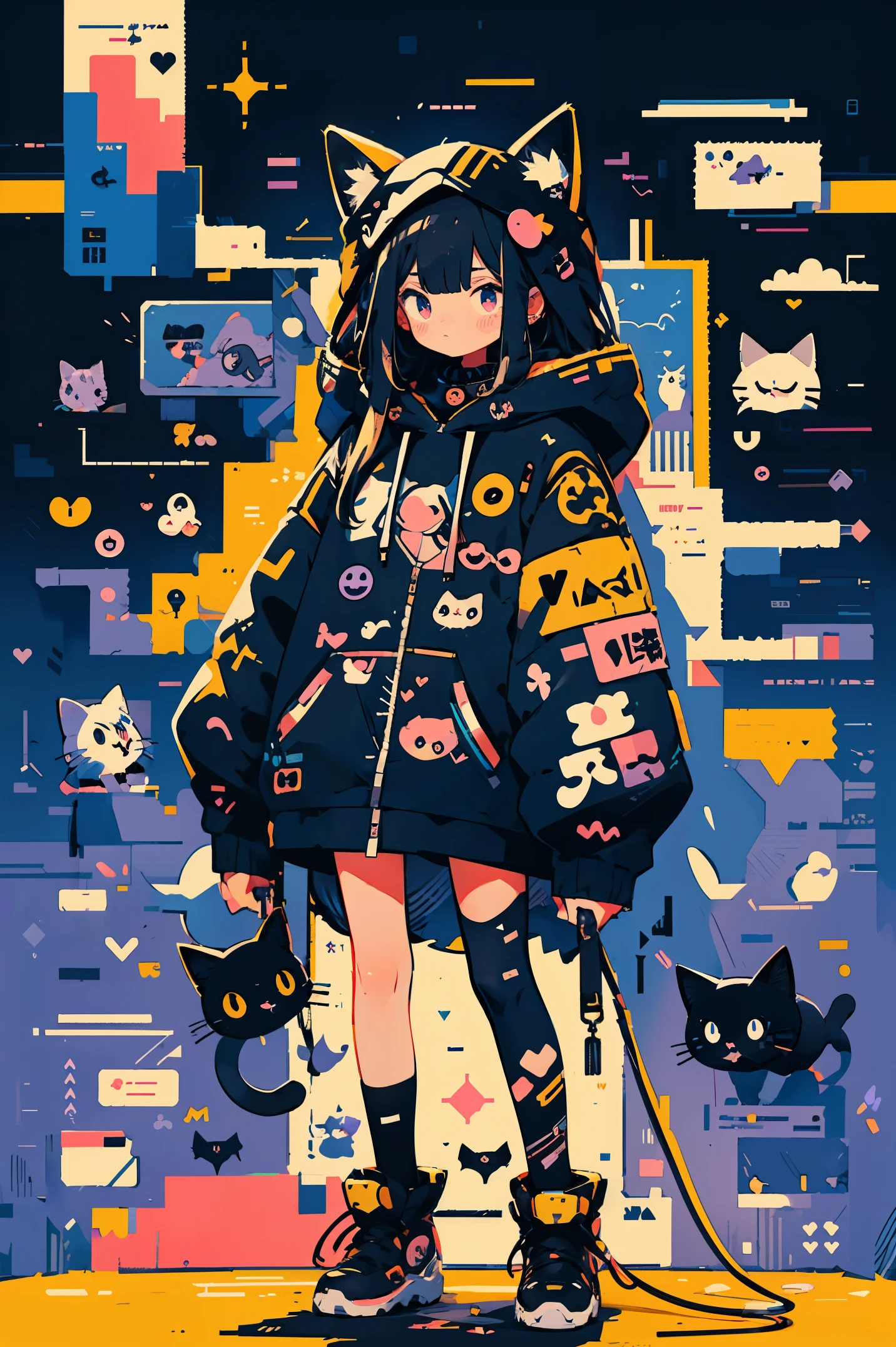 anime girl with black hair and a cat hat, anime style illustration, moe artstyle, wallpaper 8 k, digital illustration, beautiful catgirl, she wears a hoodie with animal ears and technowear technology, futuristic fashion in black and holographic colors, many details and buttons on it, cables coming out of the sleeves, the background is that of a simple pattern with cat motifs and paws, purple and black, black cat eyes, holographic, holo details